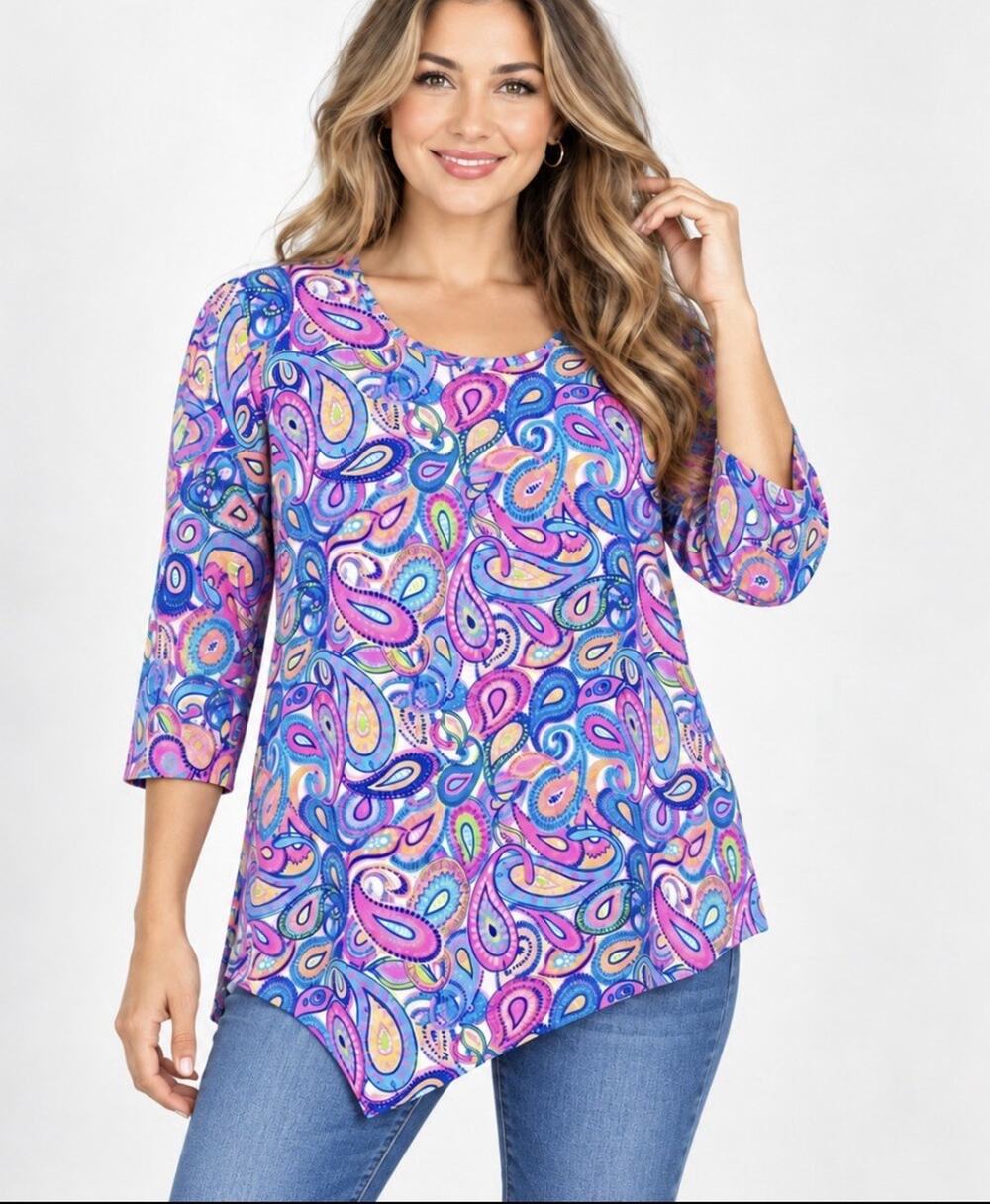 Lulu B Wmns Med Paisley Stretch Tunic Top Pink Blue 3/4 Slv Asymmetical Colorful